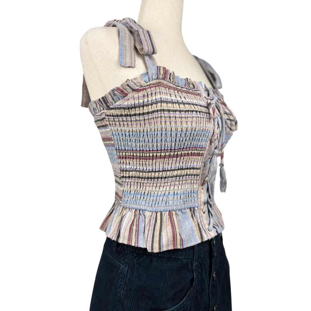 Storia Smocked Corset Tie Strap Top Size M Boho Striped Lace Up - Picture 2 of 5